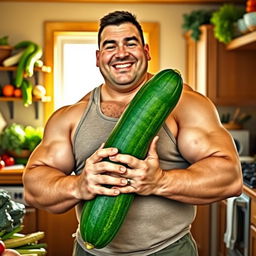 A large, muscular man confidently holding a cucumber in a humorous pose