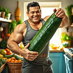A large, muscular man confidently holding a cucumber in a humorous pose