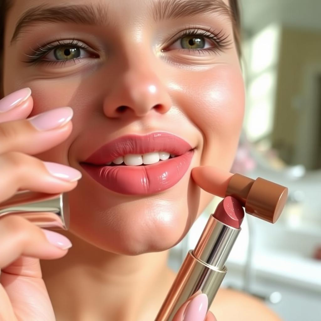 A close-up of a woman applying unsaturated lip colors like muted pinks, soft mauves, and subtle browns