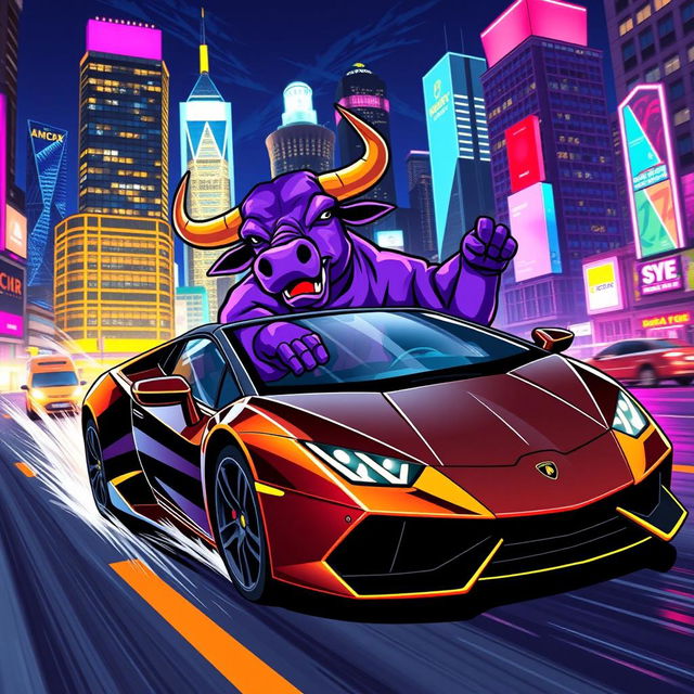 A vibrant purple bull enthusiastically riding in a sleek Lamborghini, speeding through a dynamic night cityscape adorned with dazzling neon lights and towering skyscrapers