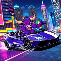 A vibrant purple bull enthusiastically riding in a sleek Lamborghini, speeding through a dynamic night cityscape adorned with dazzling neon lights and towering skyscrapers