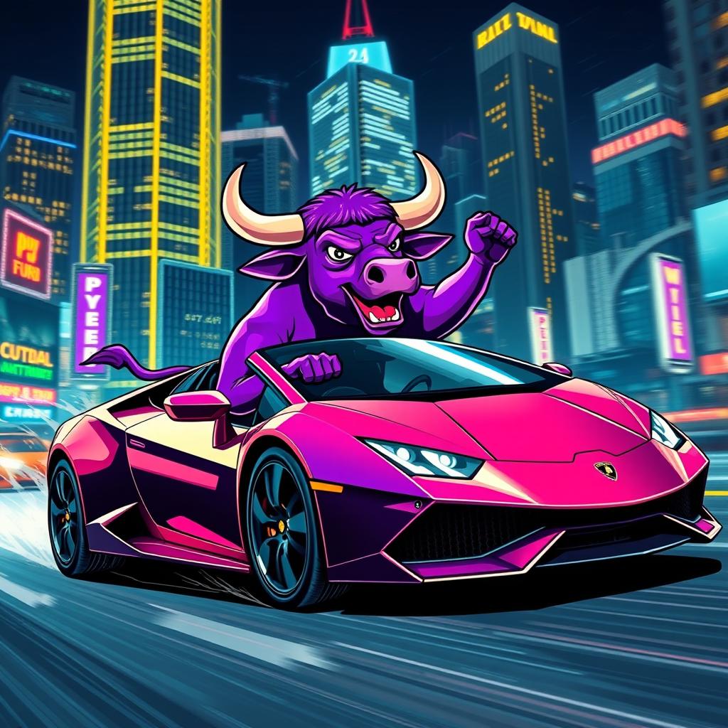 A vibrant purple bull enthusiastically riding in a sleek Lamborghini, speeding through a dynamic night cityscape adorned with dazzling neon lights and towering skyscrapers