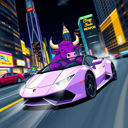 A vibrant purple bull enthusiastically riding in a sleek Lamborghini, speeding through a dynamic night cityscape adorned with dazzling neon lights and towering skyscrapers