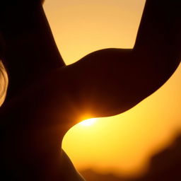 A beautifully lit close-up of a woman's silhouette against a bright sunset backdrop, her figure creating an elegant curvature that enhances her femininity