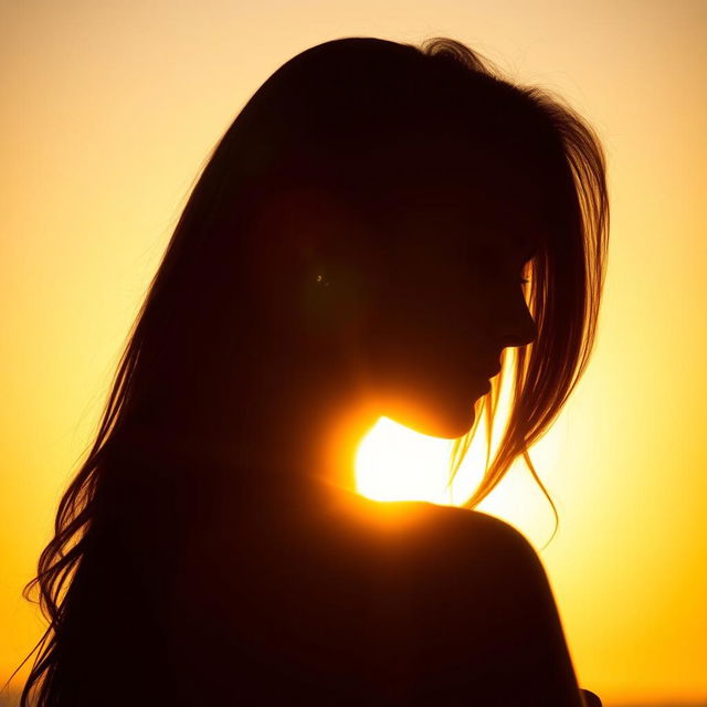 A beautifully lit close-up of a woman's silhouette against a bright sunset backdrop, her figure creating an elegant curvature that enhances her femininity