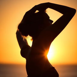 A beautifully lit close-up of a woman's silhouette against a bright sunset backdrop, her figure creating an elegant curvature that enhances her femininity