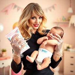 A fantasy scene featuring a stylish and glamorous Taylor Swift in a chic outfit, wearing clear vinyl gloves while holding a dirty diapered baby