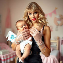 A fantasy scene featuring a stylish and glamorous Taylor Swift in a chic outfit, wearing clear vinyl gloves while holding a dirty diapered baby