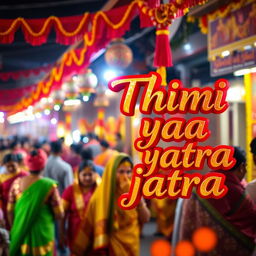A vibrant and colorful scene depicting a traditional festival or jatra with lively decorations and people dressed in festive clothing, capturing the essence of the celebration