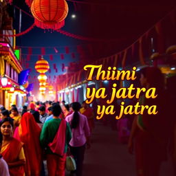 A vibrant and colorful scene depicting a traditional festival or jatra with lively decorations and people dressed in festive clothing, capturing the essence of the celebration
