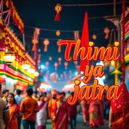 A vibrant and colorful scene depicting a traditional festival or jatra with lively decorations and people dressed in festive clothing, capturing the essence of the celebration