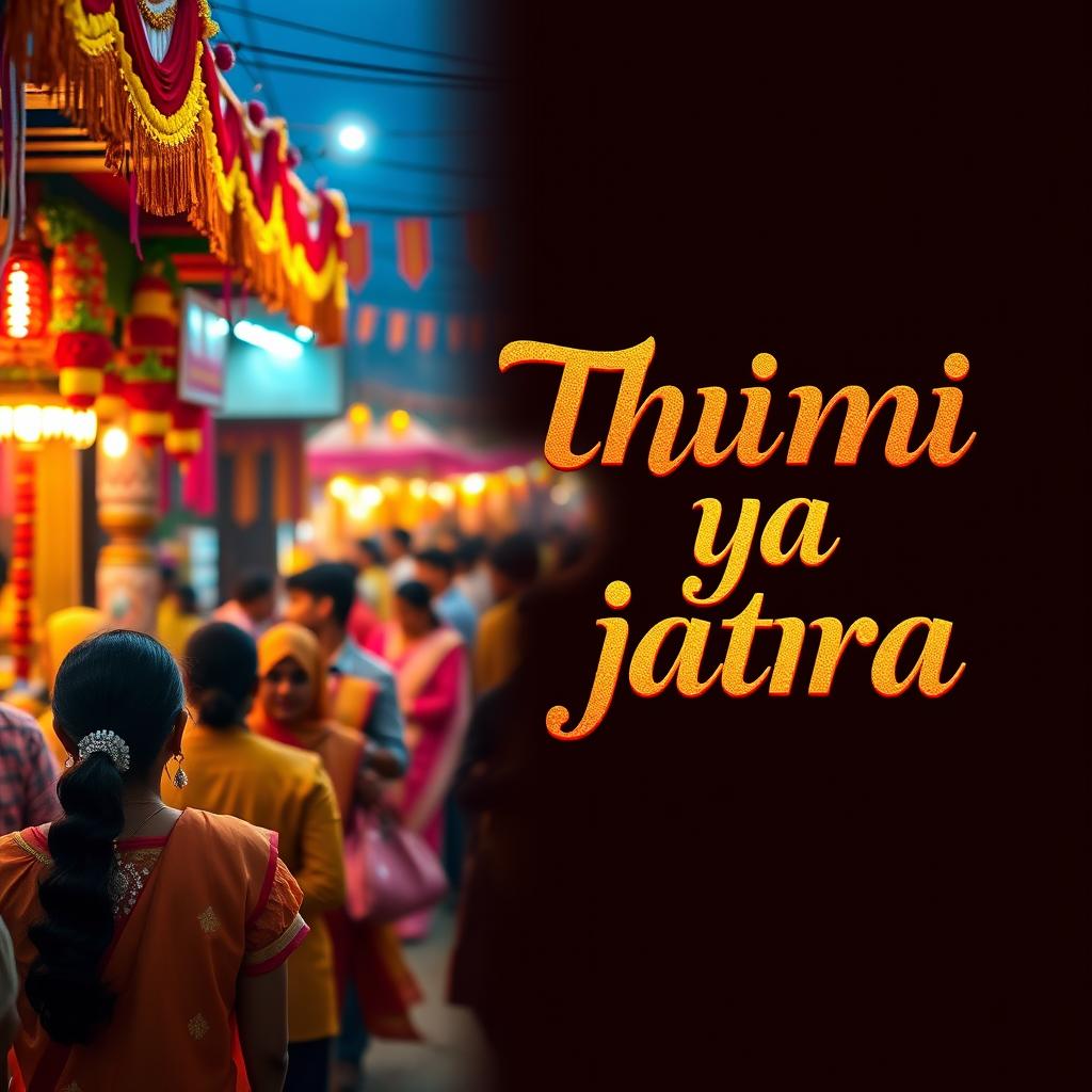 A vibrant and colorful scene depicting a traditional festival or jatra with lively decorations and people dressed in festive clothing, capturing the essence of the celebration