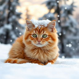 A cute, plump ginger cat with short hair sitting in a snowy winter landscape