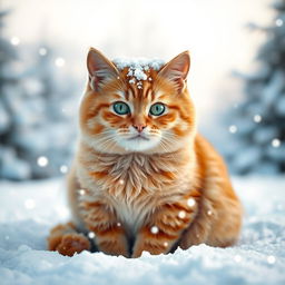 A cute, plump ginger cat with short hair sitting in a snowy winter landscape