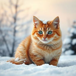 A cute, plump ginger cat with short hair sitting in a snowy winter landscape