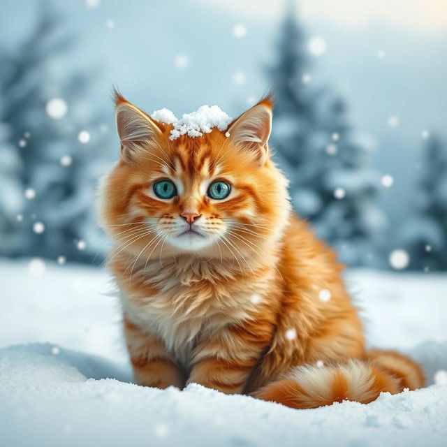 A cute, plump ginger cat with short hair sitting in a snowy winter landscape