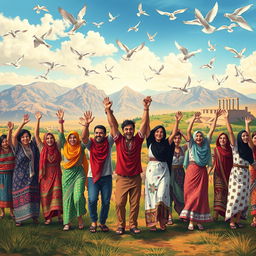 A vibrant, artistic depiction of freedom in Syria, showcasing a diverse group of people holding hands and celebrating