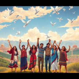 A vibrant, artistic depiction of freedom in Syria, showcasing a diverse group of people holding hands and celebrating