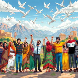 A vibrant, artistic depiction of freedom in Syria, showcasing a diverse group of people holding hands and celebrating