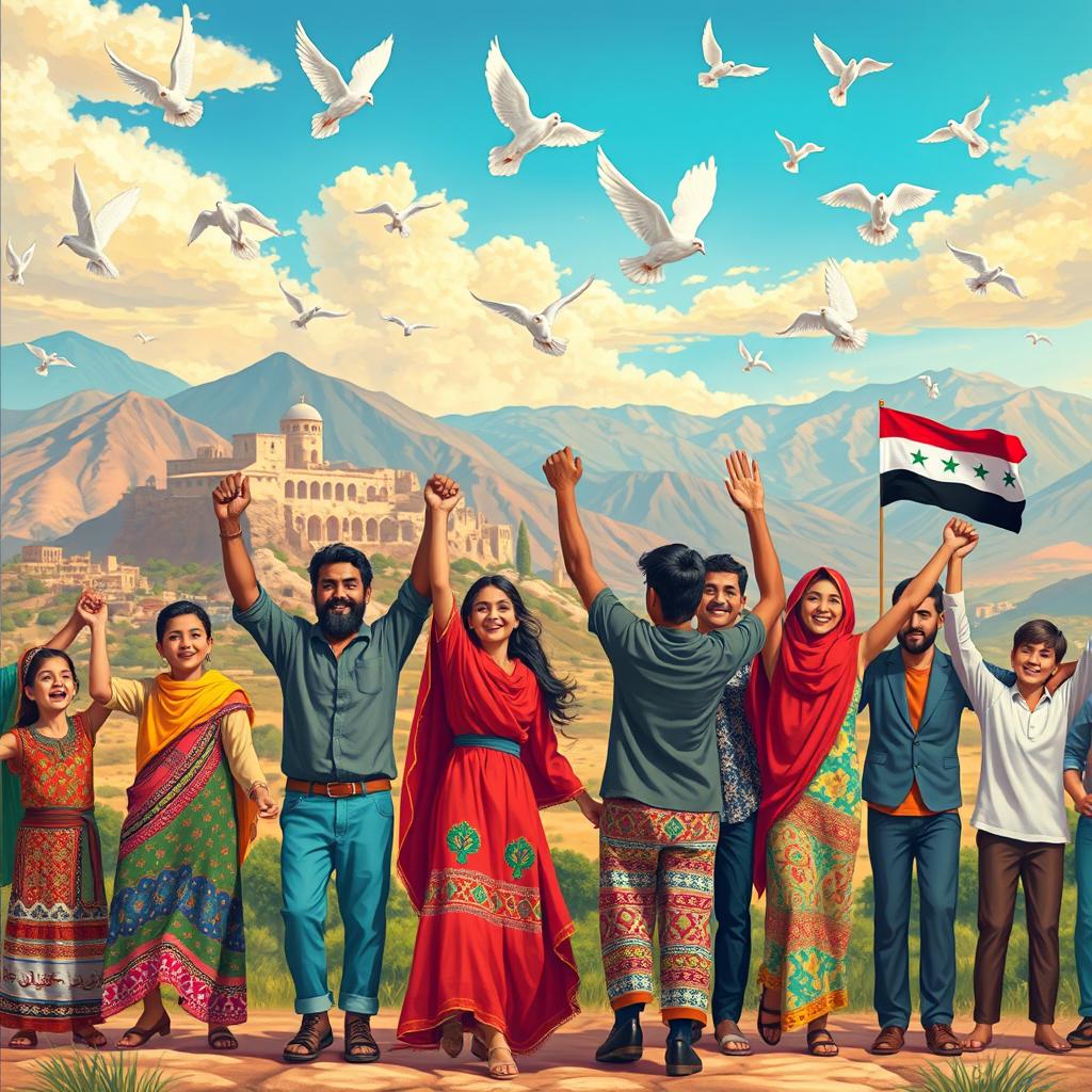 A vibrant, artistic depiction of freedom in Syria, showcasing a diverse group of people holding hands and celebrating