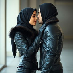 A beautiful woman wearing a hijab and niqab, elegantly dressed in a shiny, tight black leather jacket with a fur collar, complemented by leather gloves and leather leggings