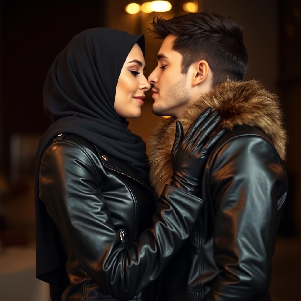 A beautiful woman wearing a hijab and niqab, elegantly dressed in a shiny, tight black leather jacket with a fur collar, complemented by leather gloves and leather leggings