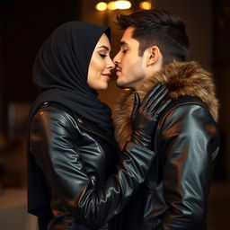 A beautiful woman wearing a hijab and niqab, elegantly dressed in a shiny, tight black leather jacket with a fur collar, complemented by leather gloves and leather leggings