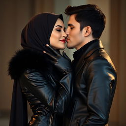 A beautiful woman wearing a hijab and niqab, elegantly dressed in a shiny, tight black leather jacket with a fur collar, complemented by leather gloves and leather leggings