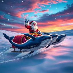 An imaginative winter scene depicting Santa Claus in a colorful sleigh, pulled by majestic whales swimming gracefully through a snowy landscape