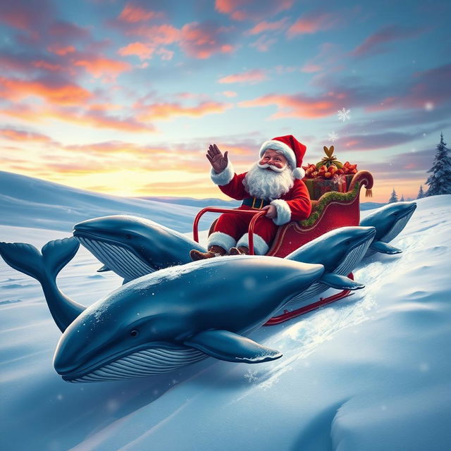 An imaginative winter scene depicting Santa Claus in a colorful sleigh, pulled by majestic whales swimming gracefully through a snowy landscape