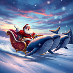 An imaginative winter scene depicting Santa Claus in a colorful sleigh, pulled by majestic whales swimming gracefully through a snowy landscape