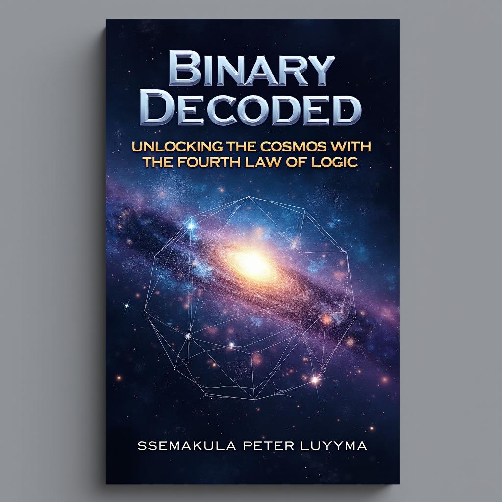 An imaginative book cover design for "Binary Decoded: Unlocking the Cosmos with the Fourth Law of Logic" authored by Ssemakula Peter Luyima