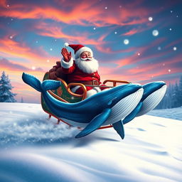 An imaginative winter scene depicting Santa Claus in a colorful sleigh, pulled by majestic whales swimming gracefully through a snowy landscape