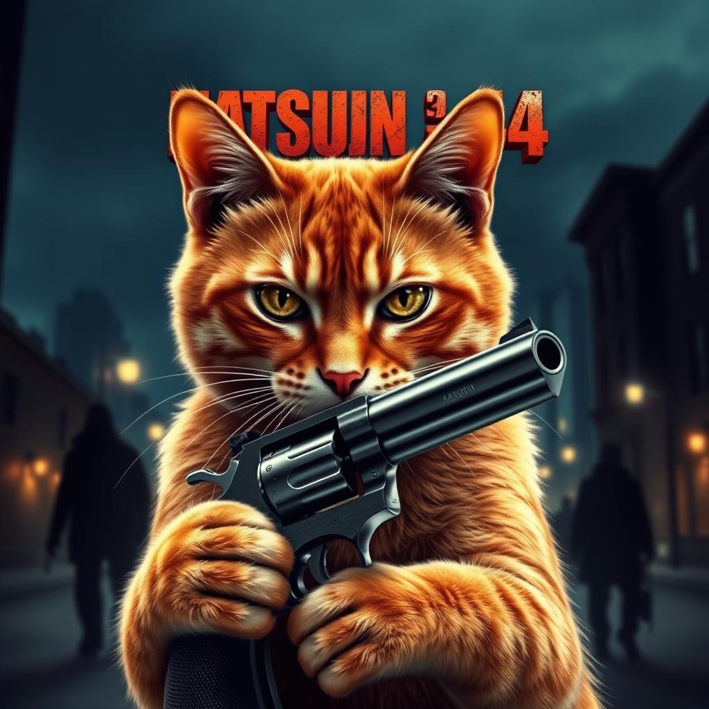 A highly realistic movie poster featuring a ginger cat holding a Magnum 