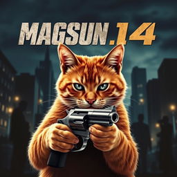 A highly realistic movie poster featuring a ginger cat holding a Magnum 