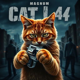 A highly realistic movie poster featuring a ginger cat holding a Magnum 