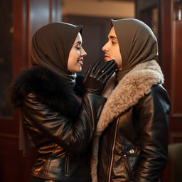 A beautiful woman wearing a hijab and niqab, elegantly adorned in a shiny black leather jacket with a fitted fur collar, black leather gloves, and black leather leggings