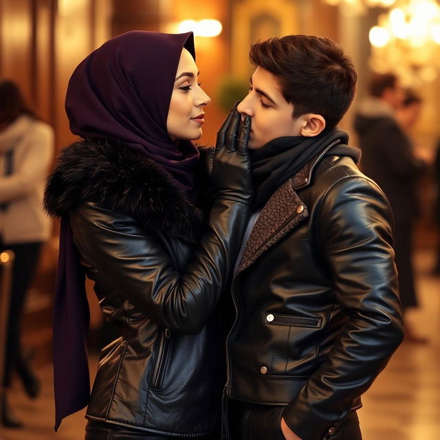 A beautiful woman wearing a hijab and niqab, elegantly adorned in a shiny black leather jacket with a fitted fur collar, black leather gloves, and black leather leggings