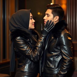 A beautiful woman wearing a hijab and niqab, elegantly adorned in a shiny black leather jacket with a fitted fur collar, black leather gloves, and black leather leggings