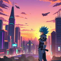 A vibrant anime scene featuring a futuristic cityscape at sunset, with colorful neon lights and tall skyscrapers