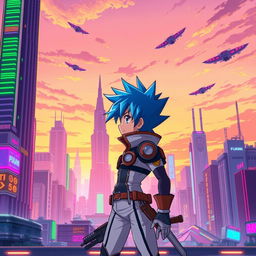 A vibrant anime scene featuring a futuristic cityscape at sunset, with colorful neon lights and tall skyscrapers