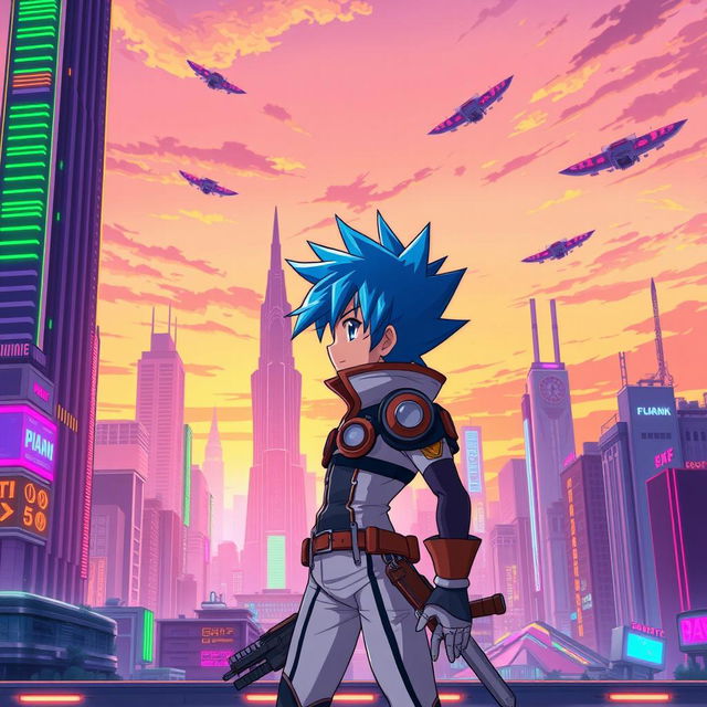 A vibrant anime scene featuring a futuristic cityscape at sunset, with colorful neon lights and tall skyscrapers