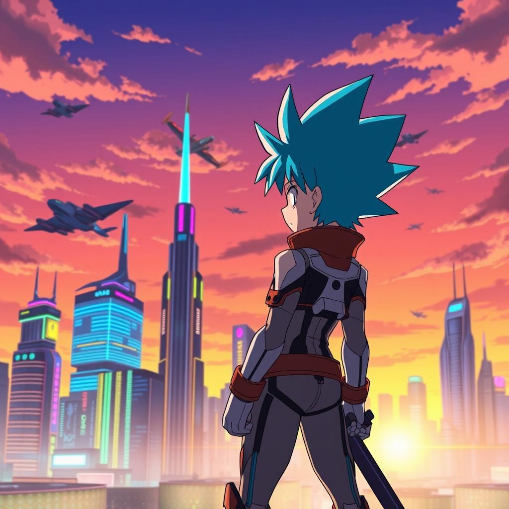 A vibrant anime scene featuring a futuristic cityscape at sunset, with colorful neon lights and tall skyscrapers