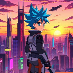 A vibrant anime scene featuring a futuristic cityscape at sunset, with colorful neon lights and tall skyscrapers