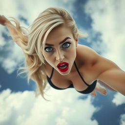 A stunningly sexy blonde woman wearing a goth-style bikini, her blue eyes wide open with a scared expression as she falls from the sky