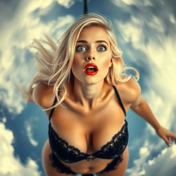 A stunningly sexy blonde woman wearing a goth-style bikini, her blue eyes wide open with a scared expression as she falls from the sky