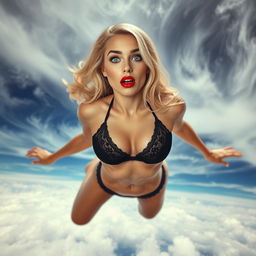 A stunningly sexy blonde woman wearing a goth-style bikini, her blue eyes wide open with a scared expression as she falls from the sky