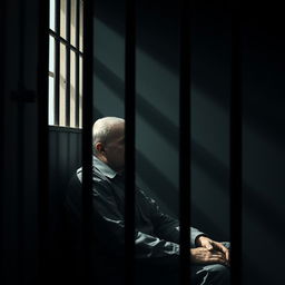 A surreal and artistic depiction of a fictional character resembling a political leader named Jaroslaw Kaczynski sitting in a jail cell