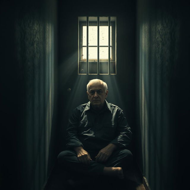 A surreal and artistic depiction of a fictional character resembling a political leader named Jaroslaw Kaczynski sitting in a jail cell