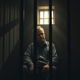 A surreal and artistic depiction of a fictional character resembling a political leader named Jaroslaw Kaczynski sitting in a jail cell